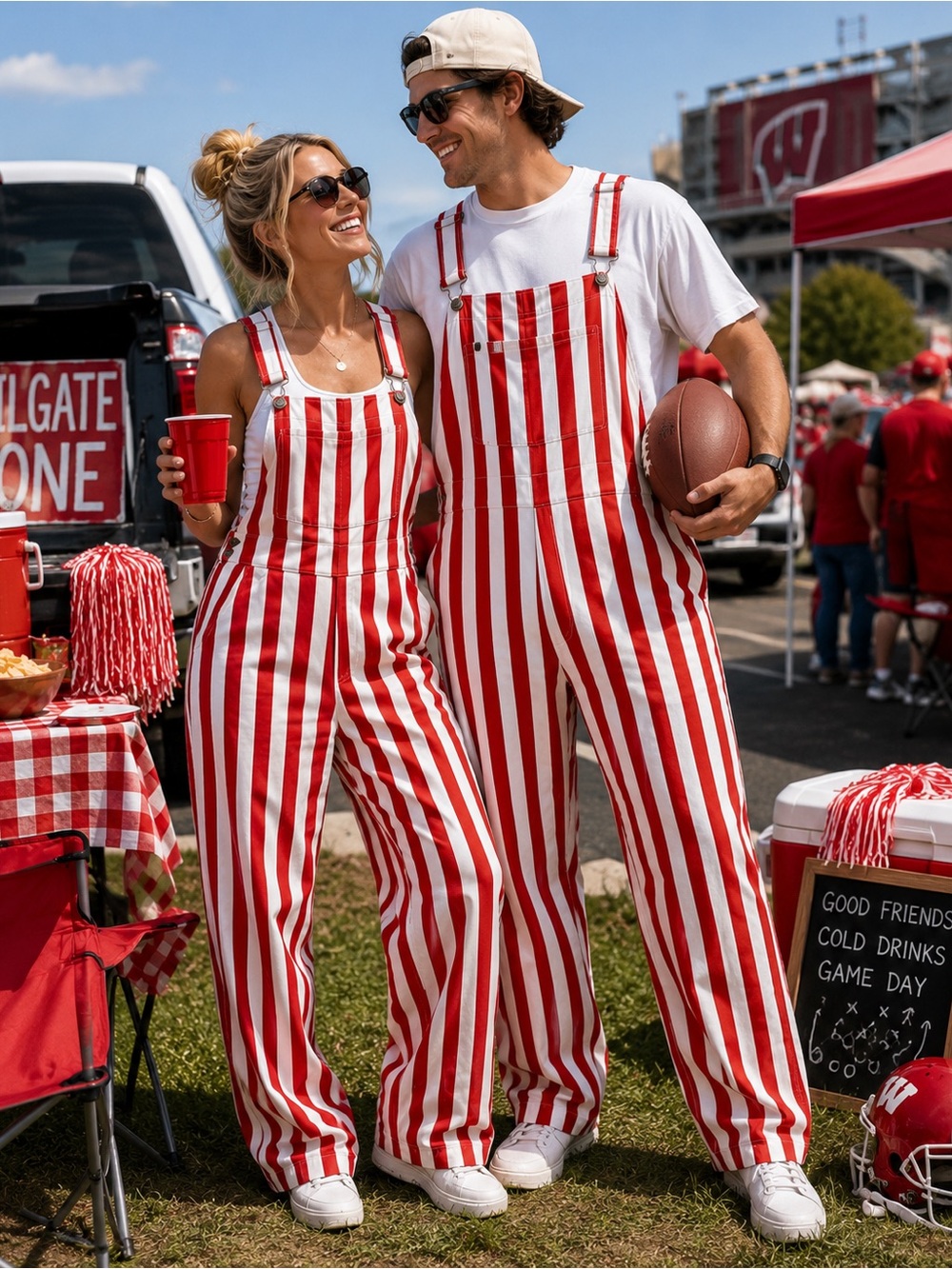 Game Bibs Red White Striped Bib Overalls NWT Size L 100% Cotton Tailgate USA